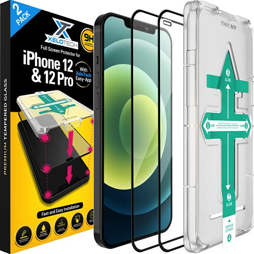 XeloTech 2X 3D Full Screen Schutzglas für iPhone 12 & 12 PRO (6.1), Komplett aus Glas, Installation in 30 Sekunden mit Easy-Schablone, Panzerglasfolie, Displayschutzfolie, Schutzfolie 9H+