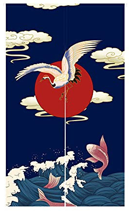 LIGICKY Japanischer Stil Dick Noren Lang Vorhänge White Crane and Carp Türvorhang Raumteiler Tapisserie für die Heimtextilien Raumteiler 85 x 150 cm Blau