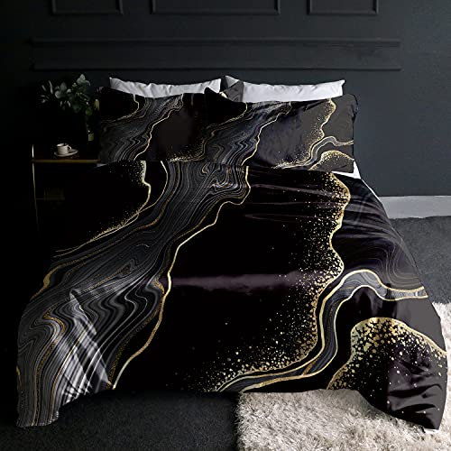 BlessLiving Watercolor Marble Silky Bedding Black Gold Grey Satin Duvet Cover Set Luxury Abstract Comforter Cover Double Size 1 Duvet Cover 2 Pillowcases