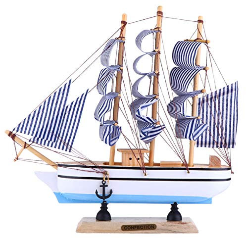 Sailing Boat Model,Wooden Nautical Boat Figurine Miniature Sail Ship Mediterranean Theme Style for Home Office Tabletop Ornaments