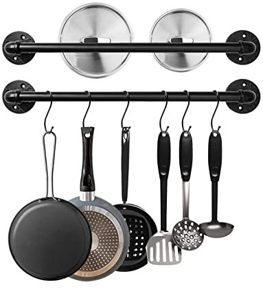 Bailoo Wall Mounted Pot Pan Rack 21'' Set of 2, Industrial Utensils Wall Hanger Iron Pipe Kitchen Hanging Rail with 10 S Hooks