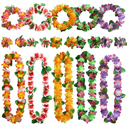 AWCIGG Hawaii Blumenkette Set mit Hawaii Armband und Stirnband, Hula Ketten Hawaii Kette mit Grünen Blättern Für Erwachsene und Kinder Hawaii Luau Sommerparty Beach Party Kostüm Zubehör