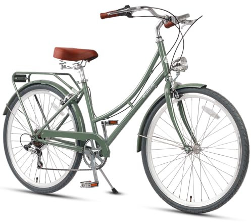 AVASTA Straßen-Hybrid-Fahrrad für Frauen, leichtes Step Throught 26-Zoll-Aluminium-Legierung Rahmen Stadt Pendler Komfort Fahrrad, 6-Gang-Antrieb, Farbe Grün mit schwarzen Reifen