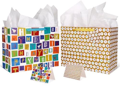 Giiffu 16.5'' Extra Large Gift Bags for Birthday Party with Card and Tissue Paper (Pack of 2, Happy Birthday), Gold and White