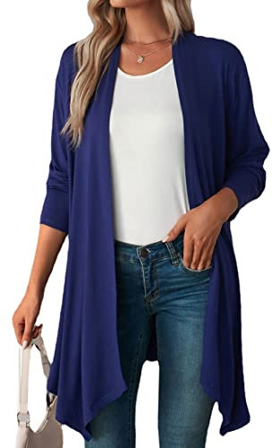 WINKEEY Cardigan da Donna a Manica Lunga Aperto sul Davanti Casual Cardigan Sottile Leggero e Morbido Top Primaverile Elegante Giacca a Maglia, Blu Navy S