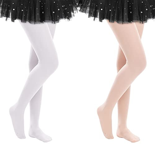 Tights for Girls Dance Tights Toddler Footed Ballet Tights Stockings for Girls School Uniform Pants Leggings for Baby Girls White&Peach Pink-2 Pairs 3- 6Years