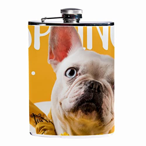 Petacas para licor,Bull Dog francés y tulipanes de primavera,Frasco a prueba de fugas de acero inoxidable y frasco de embudo para hombres y mujeres