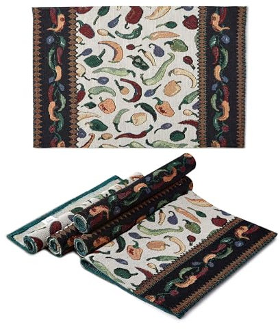 Encasa Boho-Jacquard-Tischsets, 6er-Set – Chilischoten Design | Vintage-Stil | Jede Größe 48x32 cm | Gewebter Bohemian-Wandteppich zum Essen – maschinenwaschbar