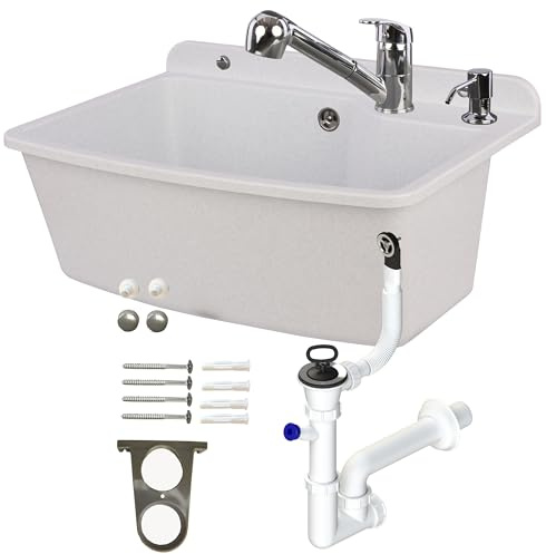 Lavabo évier utilitaire 61,5 cm blanc granit polystyrène évier de ménage avec robinet extensible bac à laver avec trop-plein distributeur de savon siphon évier mural