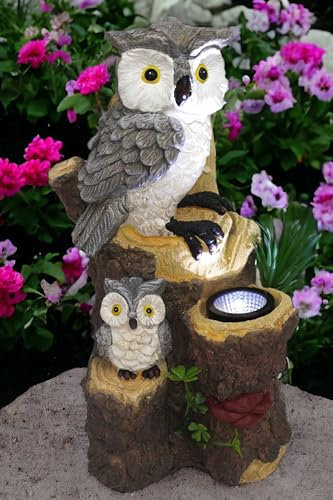 Solar Gartenfigur Eule Solarleuchte Tierfigur Harz Gartendekoration 36 cm grau, braun Baumstamm Solarlampe Dekofigur beleuchtet für Außen