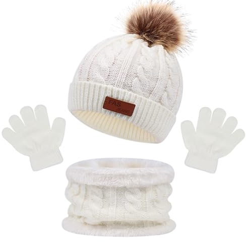 MAILEKT Mütze Schal & Handschuh-sets für Mädchen & Jungen, 3 in 1 Warme Wintermütze Schlauchschal StrickHandschuhe Set, Bommelmütze Kinder Schal Set Geschenk für Kinder 2-6 Jahre