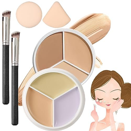Donubiiu Dreifarbiger Mehrzweck-Concealer, Tri-Color Concealer Palette Of Covers Acne Marks Dark Circles, Tri Color Concealer, Waterproof Sweatproof Cover Cream Makeup Palette (2PCS-C)