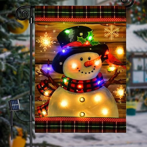 LUCKKY LED Snowman Garden Flag, Solar-Winter-Gartenflagge, doppelseitig, LED schneemann deko Weihnachtsbeleuchtung Solar Gartenstecker, Snowman Welcome Gartenflagge