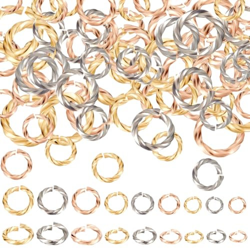 Beebeecraft 1 Box 90Pcs 3 Size Twisted Jump Rings Stainless Steel Colorful Rose Gold Silver Open Single Loop Small Circle Frames Key Chain Links Connector Rings for Jewelry Making 16~18 Gauge
