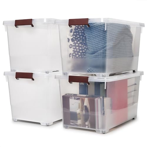 EZOWARE 52L Aufbewahrungsboxen, 4 Stück Transparenter Organizer mit Deckel, Stapelbarer Behälter mit Deckel, Ideal für Büro, Kinderzimmer, Küche & Werkstatt - 57x 38x32cm