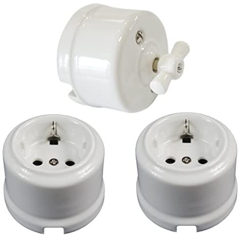 Lot de 2 prises en porcelaine encastrées avec obturateur pour protection enfant 16 A/250 V + 1 interrupteur porcelaine en porcelaine