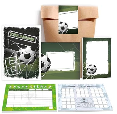6 Einladungskarten Fußball zum 6. Kindergeburtstag Einladung Mädchen Kinder Jungs Jungen Boys Fussball Turnier inkl. 6 Umschläge, 6 Tüten, 6 Aufkleber, 6 Blöcke, 6 Stadt-Land-Fluss, 6 Tic Tac Toe