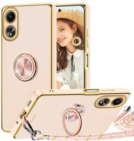 TVVTPU Funda para OPPO A38 4G/OPPO A18 4G con Cuerda y Anillo de Soporte 360°, Carcasa Galvanizado Suave TPU Bumper Antigolpes Móvil Case con Ajustable y Retirable Collar, Rosa