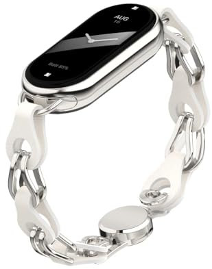 XIHAMA Compatible avec Xiaomi Mi Band 8/9 Bracelet de montre de rechange Design ajouré Anneau en acier inoxydable Chaîne en cuir Ceinture Mi Band 9 Bracelet élégant pour femme (White)