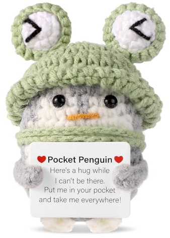 lasuroa Lustiger positiver Pinguin, 9 cm Großes Mini Süßes Gestricktes Pinguin Spielzeug mit Froschhut Ermutigende Karte Pinguin Puppe Positives Häkel Plüsch Jubelgeschenk für die Geburtstagsfeier