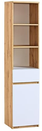 MINIO go for it - Bücherregal 40 cm Breit, Regal mit 1 Tur, 1 Schublade und 3 Fächern, Mehrzweckschrank für Wohnzimmer, Büro, ARCCA Serie - Bücherregal Weiß/Wotan Eiche - B:45cm x H:195cm x T:40cm