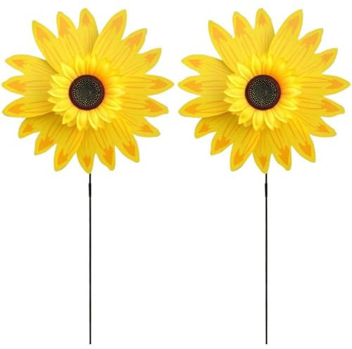 2 Pcs Sunflower Wind Spinner, Metal Wind Sculptures with Stake, Outdoor Windmill Flower Pinwheels Decorations for Yard Garden Lawn Patio Decor