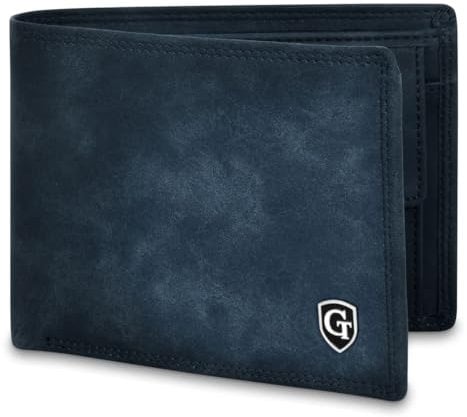 GenTo® - Geräumige Klassische Geldbörse mit Münzfach - Apple AIRTAG Halterung-TÜV geprüfter RFID NFC Schutz - Inklusive Geschenkbox (Dunkelblau)