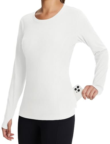 baleaf Women's Thermal Shirts Long Sleeve Fleece Tops Workout Running Soft Zipper Pocket Cold Weather Gear White M