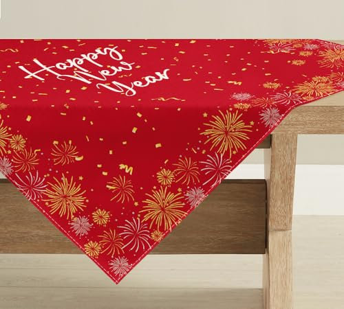 Artoid Mode Rot Feuerwerkskörper Happy New Year Neujahr 2025 Tischdecke, Winter Tischwäsche Küche Tisch Drinnen Urlaub Party Dekor 85x85 cm