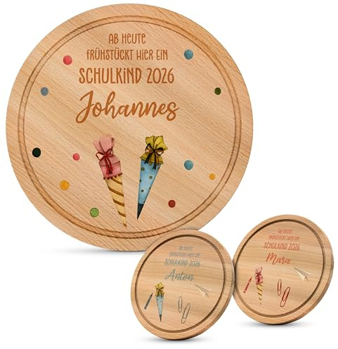 Lilletå ® Personalisiertes Holzbrett Schulkind (Rund - 006.04) - Individuelles Frühstücksbrettchen mit Hochwertigem UV-Druck für Kinder - Personalisiertes Frühstück Brett, Brettchen, Schneidebrett