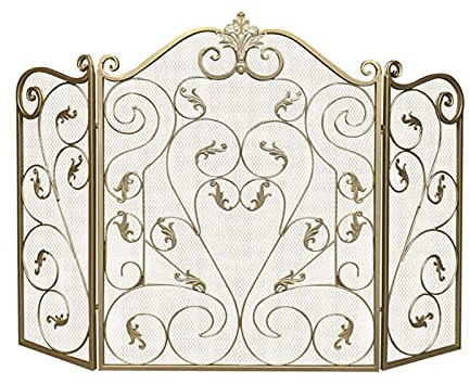 Flacher, durchsichtiger Funkenschutz aus massivem Eisen mit 3 Paneelen, Goldener Zaunschutz, für Gasscheite, Holzkamin