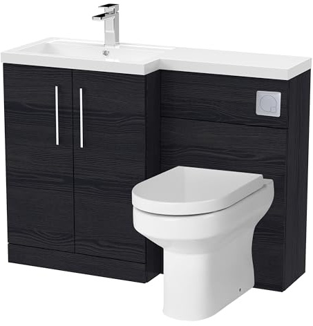 Balterley Vanity Unit with Basin, WC Unit with Toilet Pan, Seat, Cistern, Floor Standing 2 Door Soft Close Vanity, Toilet Pan with Soft Close Seat, Left Hand Bathroom Sink (Black Woodgrain)