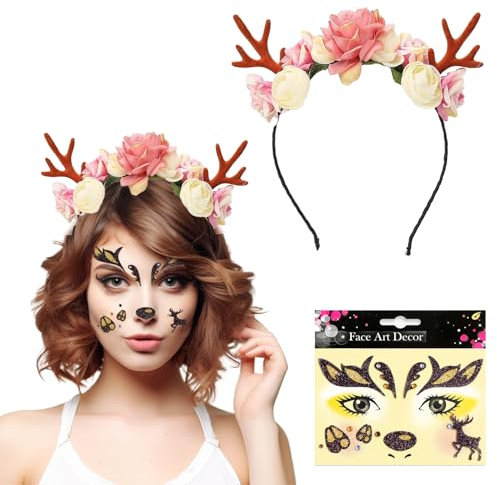 Geweih Haarreif,Reh Gesichtstattoo,Rentier Haarreif Erwachsene Kinder,Geweih Kostüm Accessoires,Rentier Stirnband,Haarreif Weihnachten Anzug,Rentier Kopfschmuck für Karneval,Fasnacht,Mottoparty