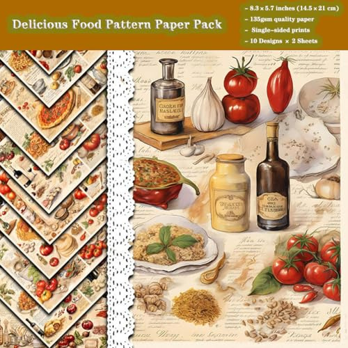 ZAKHSE Motivpapier Designpapier, 20 Blatt Nudeln Gewürze Küche Motive Scrapbook Papier, 21x14,5cm Einseitig Bedruckt Gemustert Bastelpapier 135gsm Papierblock für Menü DIY Karten Gestalten-10 Designs