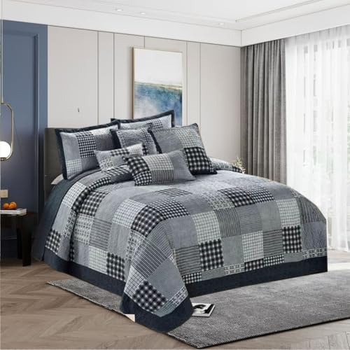 ZIYA HOMES King Size Quilted Reversible Patchwork Bedspread Comforter Bed Throw with Pillow Sham 3-Piece Bedding Set Cotton