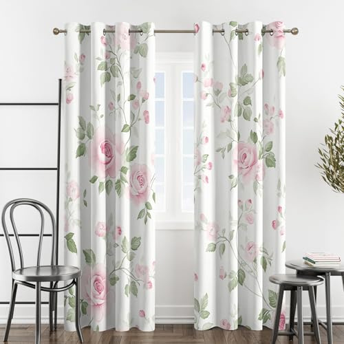 SZLYZM Pink Rose Blackout Curtains for Bedroom living Room, Floral Flower Green Leaf Curtains 46 x 54, 54 Inch Drop Curtains 2 Panels Set, Thermal Eyelet Drapes Patterned Window Treatments