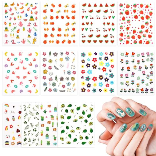 MXTIMWAN 12 Feuilles Autocollants pour Ongles, 3D Design Stickers Ongles, Auto-adhésif Nail Art Sticker, Mignon Fleur Coeur Arc-en-ciel Étoile Autocollants pour Ongles Enfants, DIY Design
