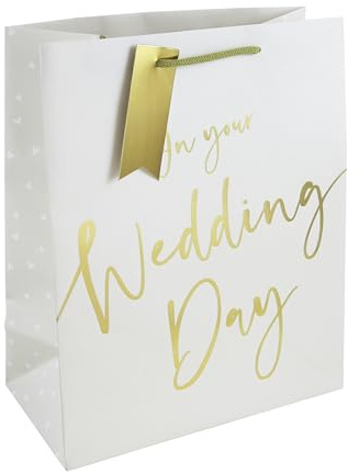 Eurowrap White Kraft Paper Wedding Gift Bag with Gold Tag - Eco-Friendly, 100% Recyclable - Large