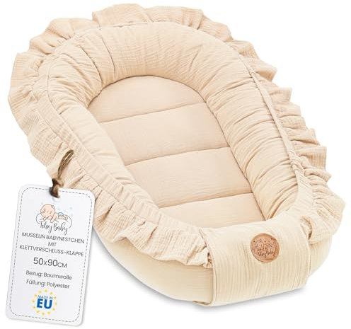 Musselin Babynest Nestchen Baby 90x50 cm - Babynestchen Neugeborene Nest für Kinder Bett und Babybett tragbar Kuschelnest Coccon für Jungen und Mädchen Baumwolle Hellbeige
