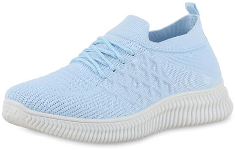 VAN HILL Damen Laufschuhe Flach Strick Sportlich Schuhe 217223 Hellblau 37