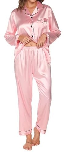 TeJoyce Pyjama Femme Satin Long, Deux Pièces Vêtements de Nuit Soie, Ensembles Manches Longues Chemise avec Boutons et Pantalon Assorti, Elegant et Luxe Loungewear pour Dormir S-XXL