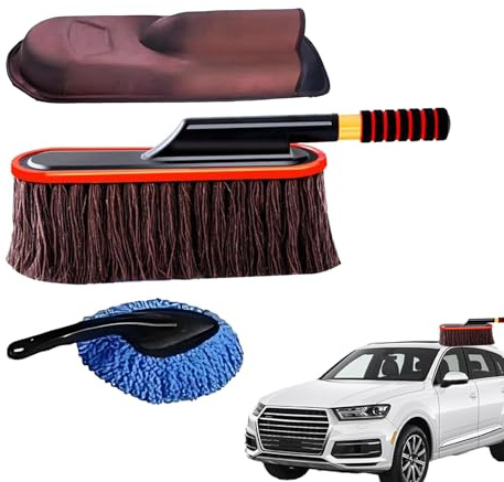 JIEBWCHA Plumeau de voiture extérieur | Brosse de nettoyage de voiture avec manche télescopique et poils doux | Brosse rotative polyvalente pour détails pour camion, garage et véhicules