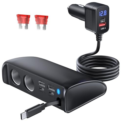 OOWOLF Retractable Car Charger Adapter - 9 in 1 Cigarette Lighter Splitter 148W 12V/24V QC3.0 USB Car Adapter Multi Socket with Voltmeter charger for Phone Pad Dashcam GPS