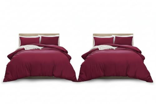 MOONLIGHT20015 Single Duvet Cover Set Pack of 2 Burgundy Solid Soft Pre-Washed Single Bedding Duvet Cover Sets with 2 Matching Pillowcases