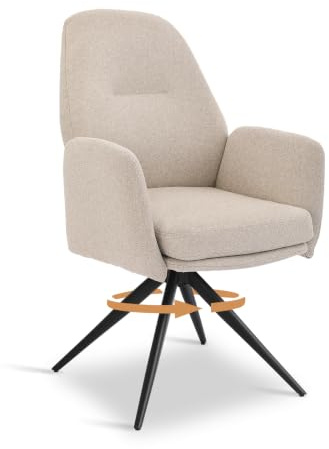 Bon Furni Drehbarer Esszimmerstuhl Beige mit Armlehnen & Hoher Rückenlehne, 360° Drehbar Polsterstuhl Leinen, Moderner Drehstuhl für Esszimmer, Wohnzimmer & Büro