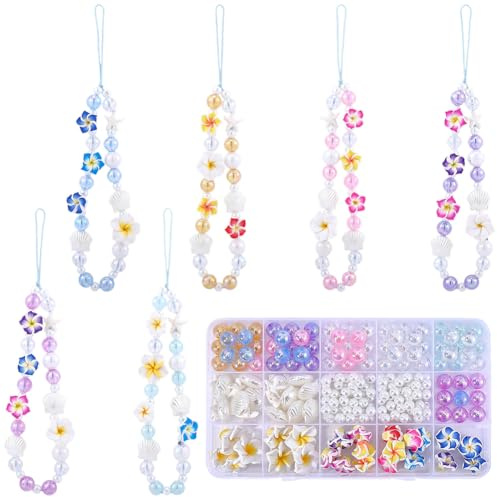 SUNNYCLUE 1 boîte de 228 pièces Kit de Création de 6 breloques pour Téléphone (Drapeau Cordon Perles en Forme D'Étoile de Mer Perles de Fleur de Frangipanier Perles de Fleur D'Été Perles de Fleur D'Ét