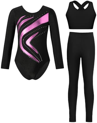 Miutii 3Pcs Mädchen Turnanzug Langarm Glitzer Gymnastikanzug Ballettanzug + Sport BH Tops + Hose Gymnastik Leotard Wettbewerb Tanzkostüm