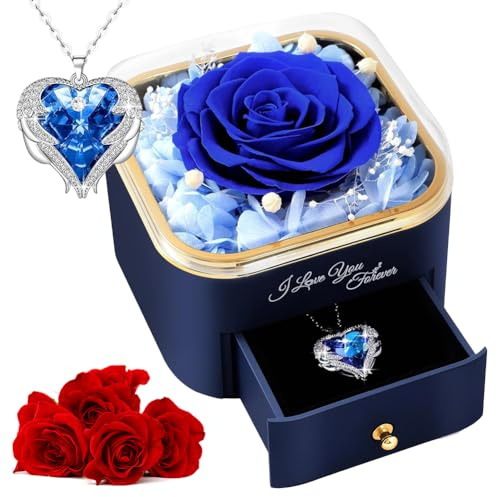 Piashow Geschenk für frau, Ewige Rose mit Halskette, Valentinstag für Mama Frau, Rosenbox Zum Muttertag Hochzeitstag Geburtstag