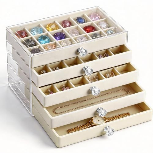 Clear Earring Jewellery Box with 5 Drawers, Acrylic Jewellery Organiser for Ring Earrings Necklace Storage, Adjustable Crystal Display Case for Rock Gemstone Fossil Collectibles, Women's Gift, Beige