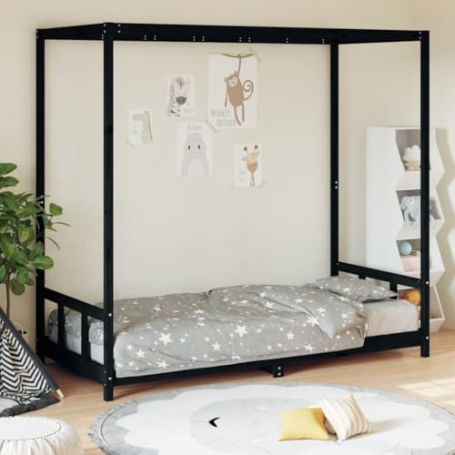 IBUQDDV Massivholz Kiefer Kinderbett 90x190 cm in Schwarz mit Baldachin-Gestell und robusten Holzlatten für Stabilität und Belüftung, solide Konstruktion aus Naturmaterial.